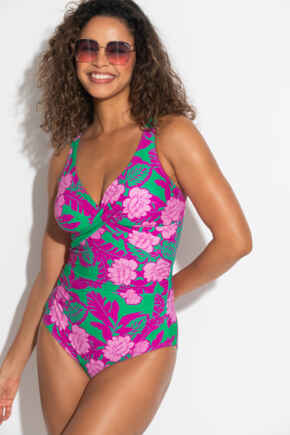 Free Spirit Twist Front Tummy Control Swimsuit - Green Pink Flower