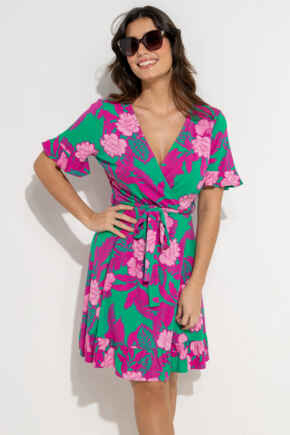 Birdie Stretch Viscose Jersey Wrap Front Dress - Green Pink Flower