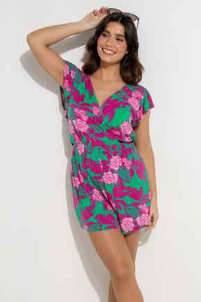 Amelia Frill Stretch Jersey Beach Playsuit - Green Pink Flower