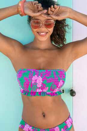 Free Spirit Strapless Underwired Bikini Top - Green Pink Flower