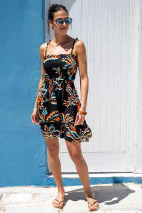 Mia Strapless Shirred Bodice Frill Beach Dress - Black Floral