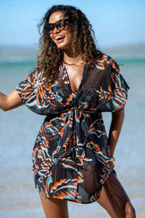 Knotted Front Lurex Stripe Chiffon Kaftan - Black Floral