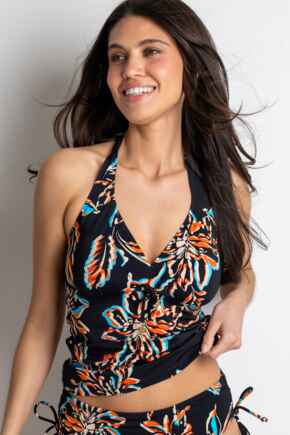 Madrid Halter Tankini Top  - Black/Orange/Blue