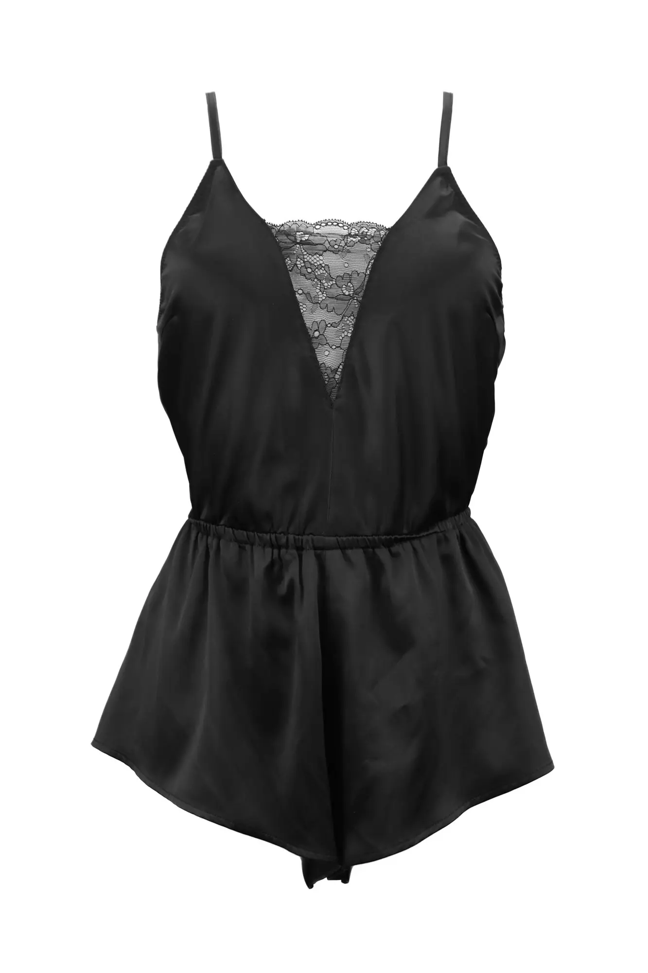 Dusk Satin and Lace Playsuit in Black | Pour Moi Clothing