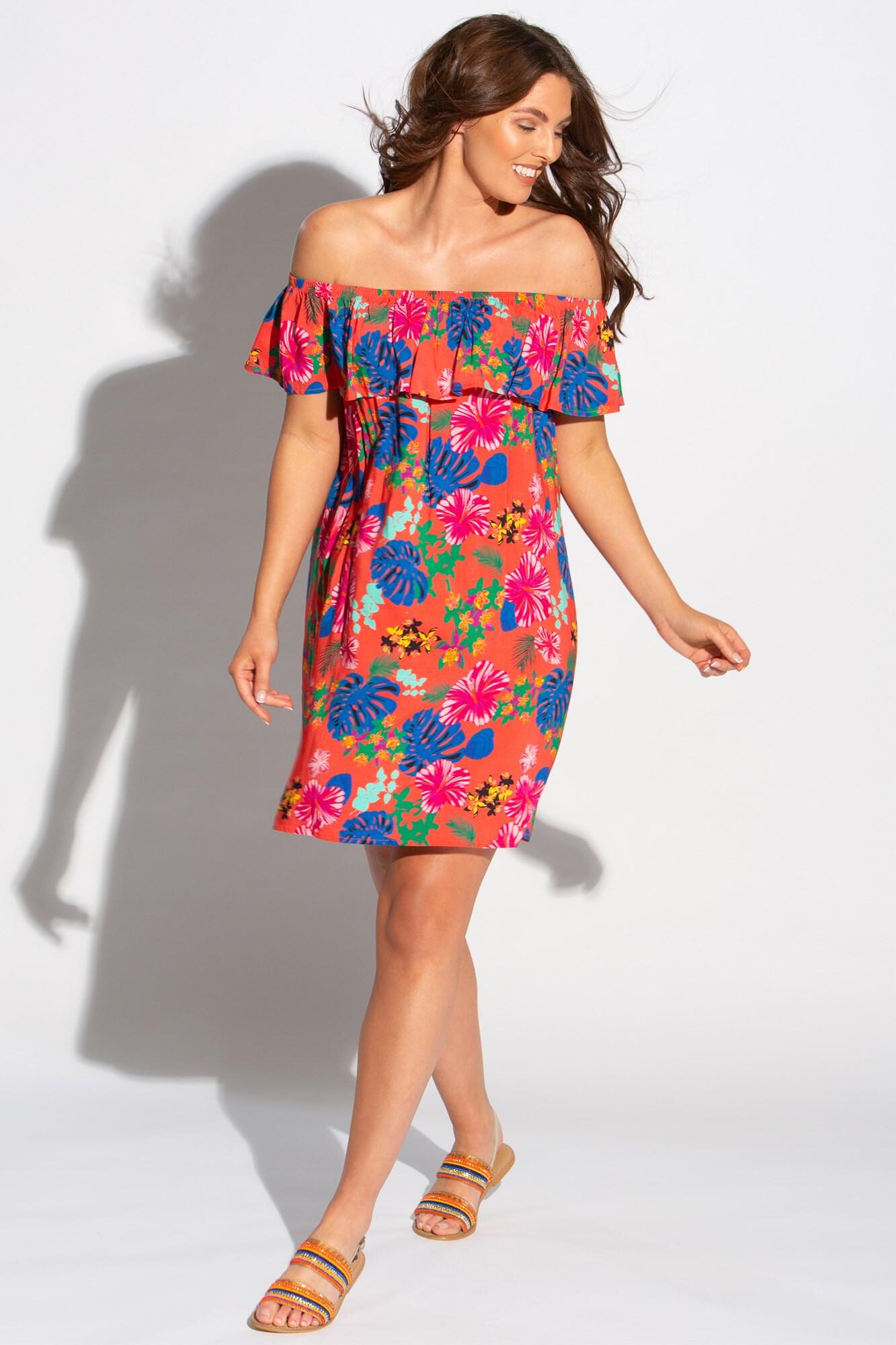 Woven Bardot Beach Dress | Red Floral | Pour Moi Clothing