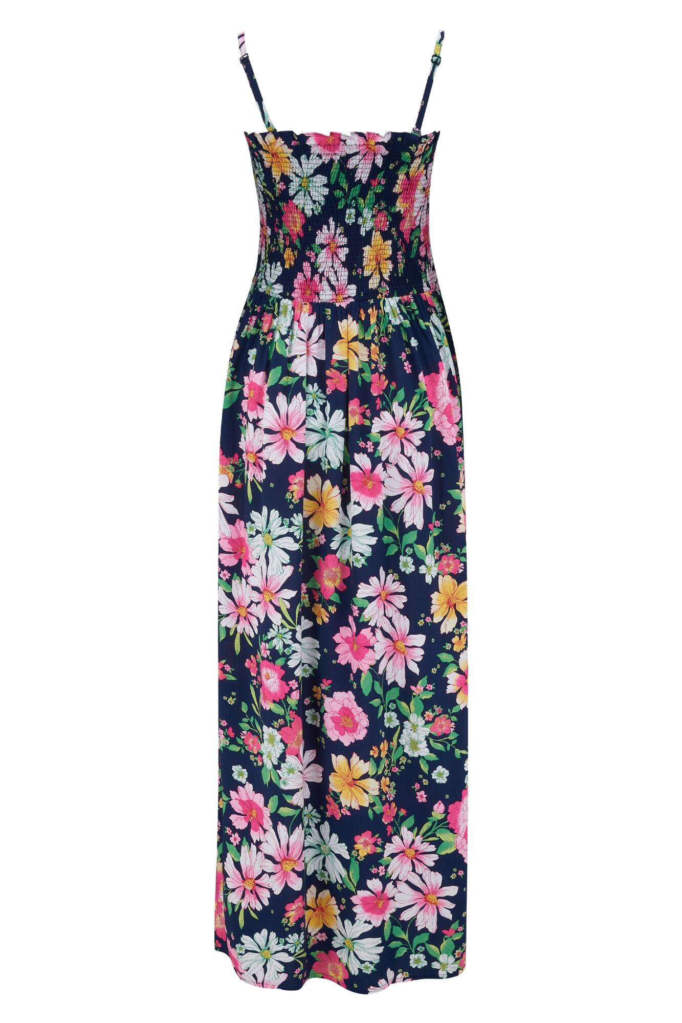 Removable Straps Shirred Bodice Maxi Dress In Navy Meadow 