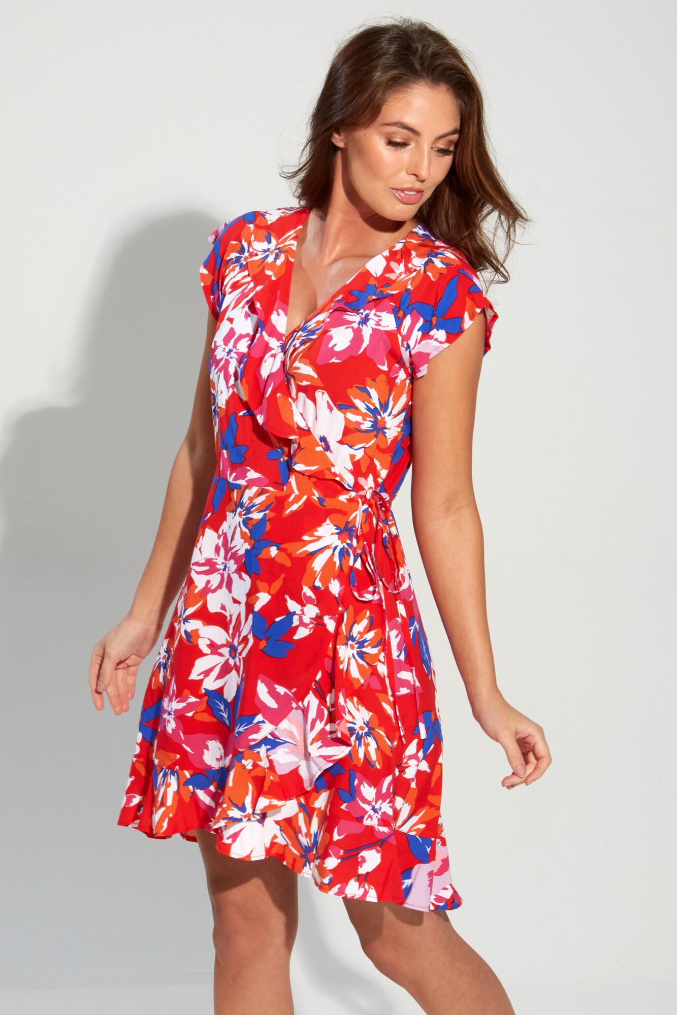 Woven Frill Wrap Beach Dress in Red Tropical | Pour Moi Clothing