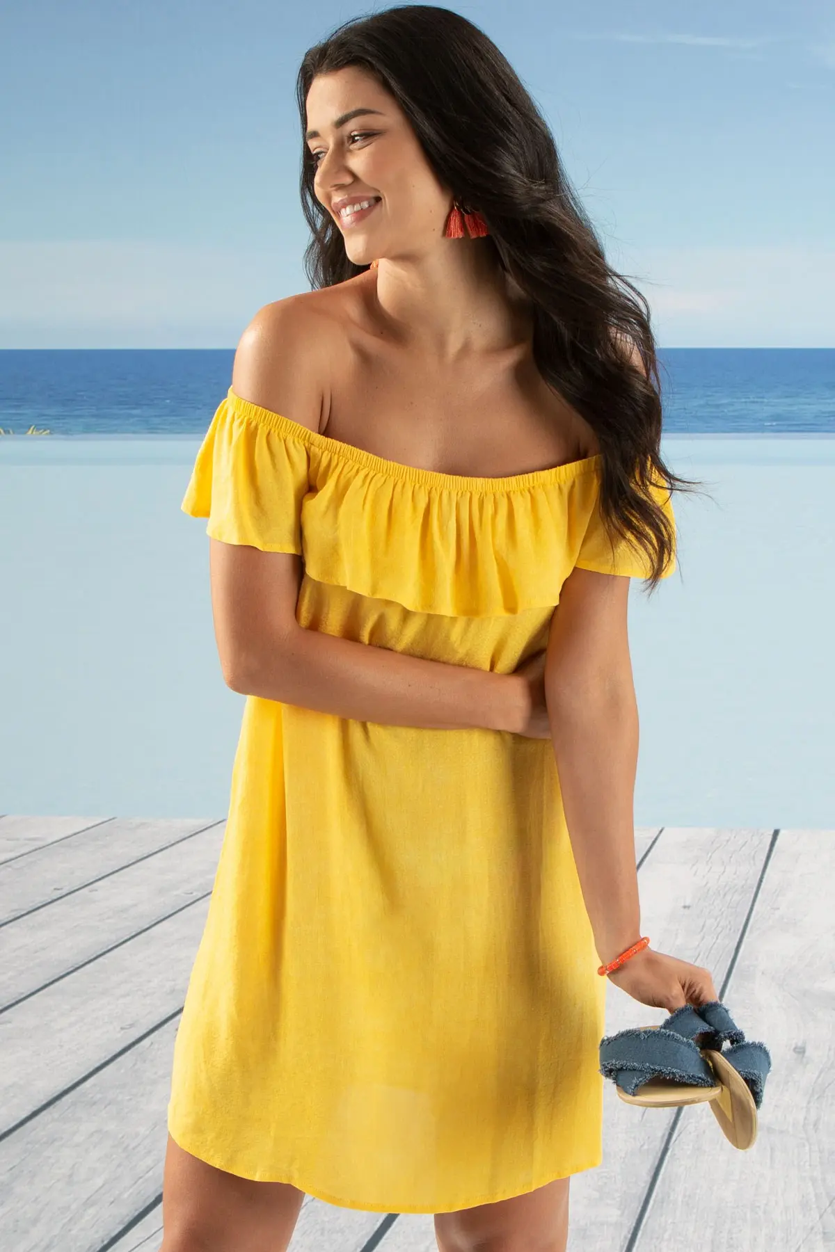 yellow bardot dress