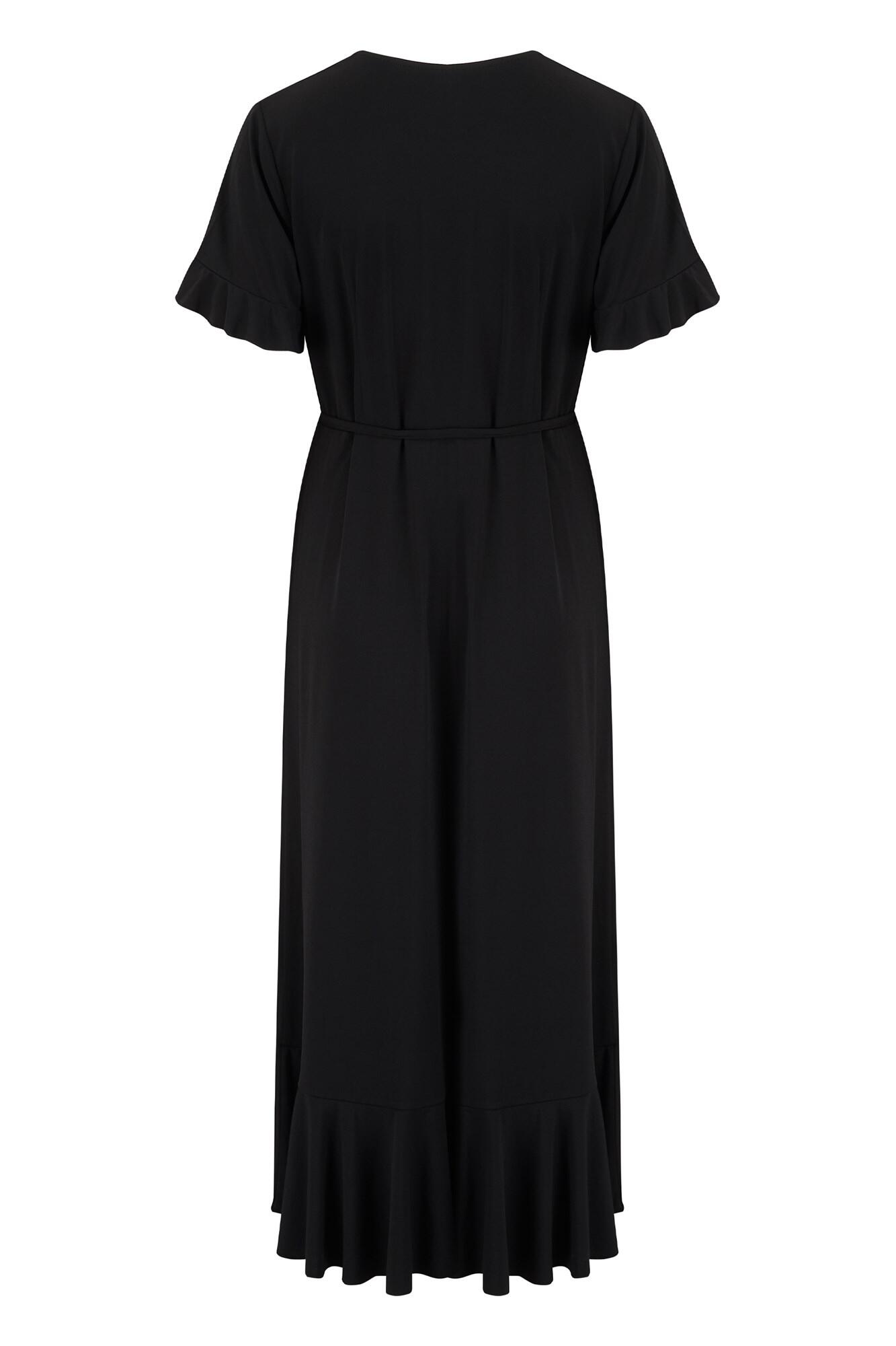 Slinky Jersey Frill Detail Midi Wrap Dress | Black | Pour Moi