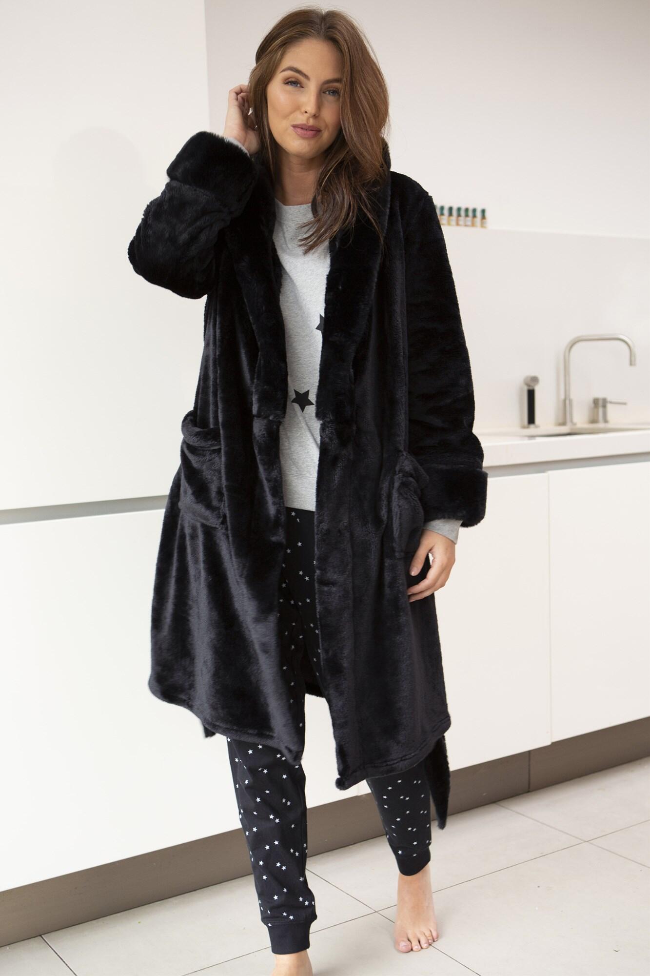 Faux Fur Trim Dressing Gown | Black | Pour Moi