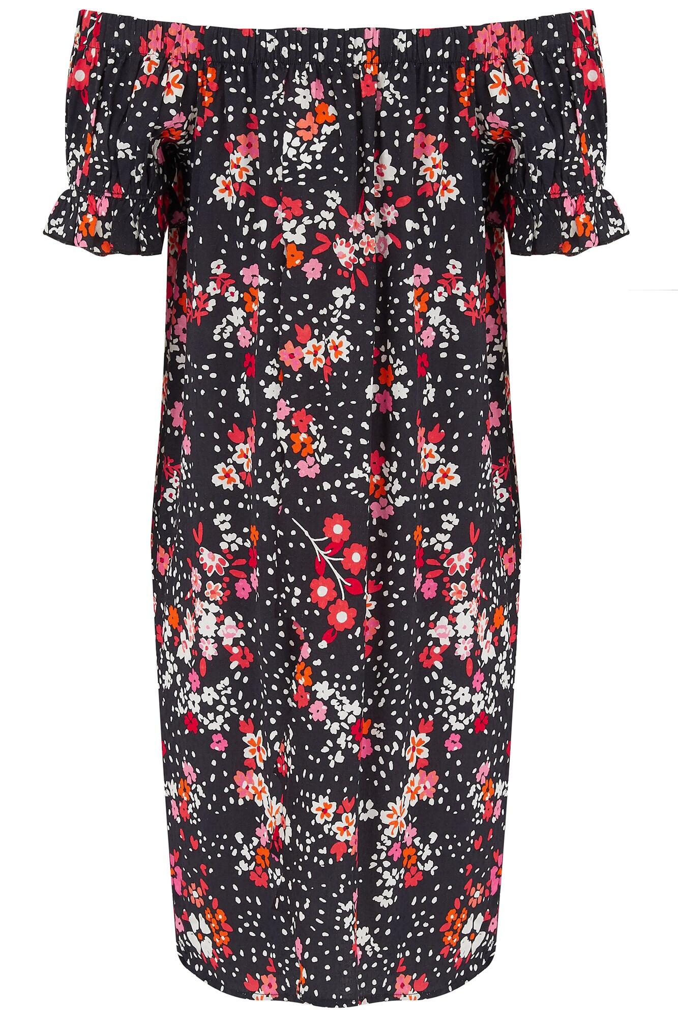 Textured Woven Bardot Puff Sleeve Beach Dress | Black Floral | Pour Moi Clothing