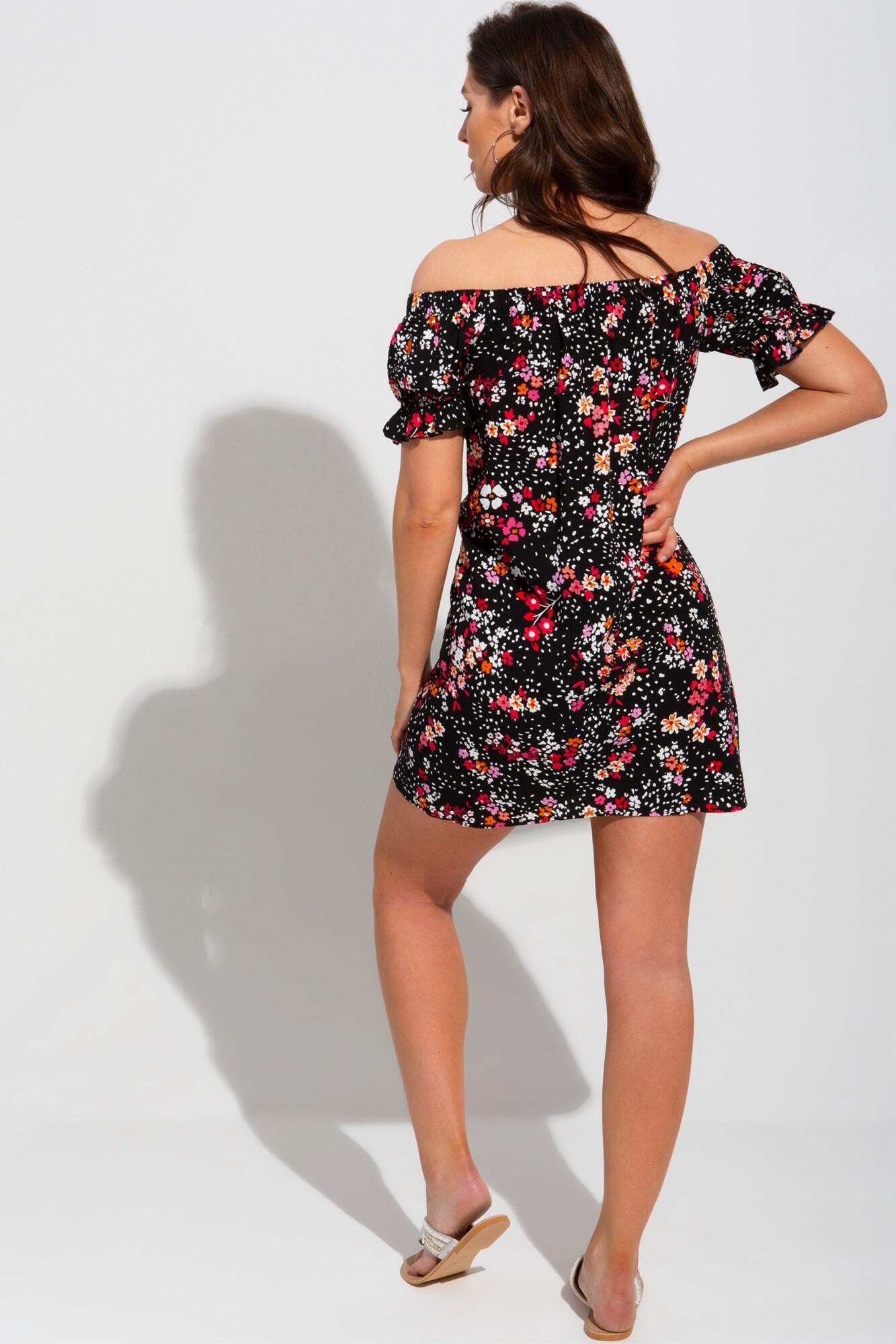 Textured Woven Bardot Puff Sleeve Beach Dress | Black Floral | Pour Moi Clothing
