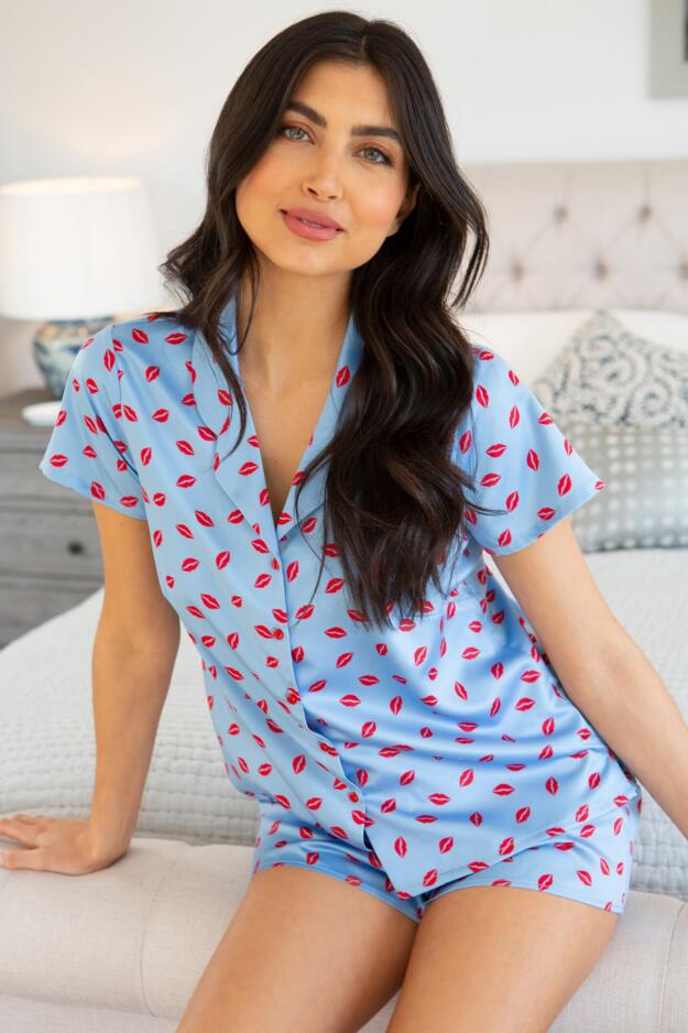 Satin Print Revere Collar Short PJ Set 