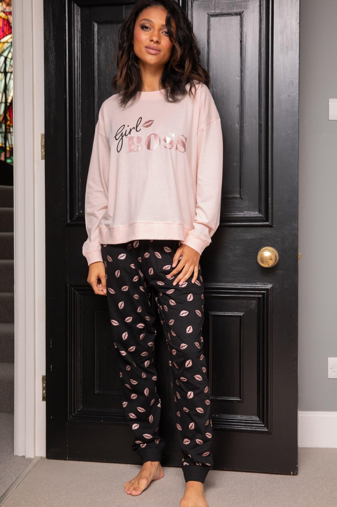 Girl Boss Cotton Jersey Jogger Pyjama Set Black Blush Pour Moi