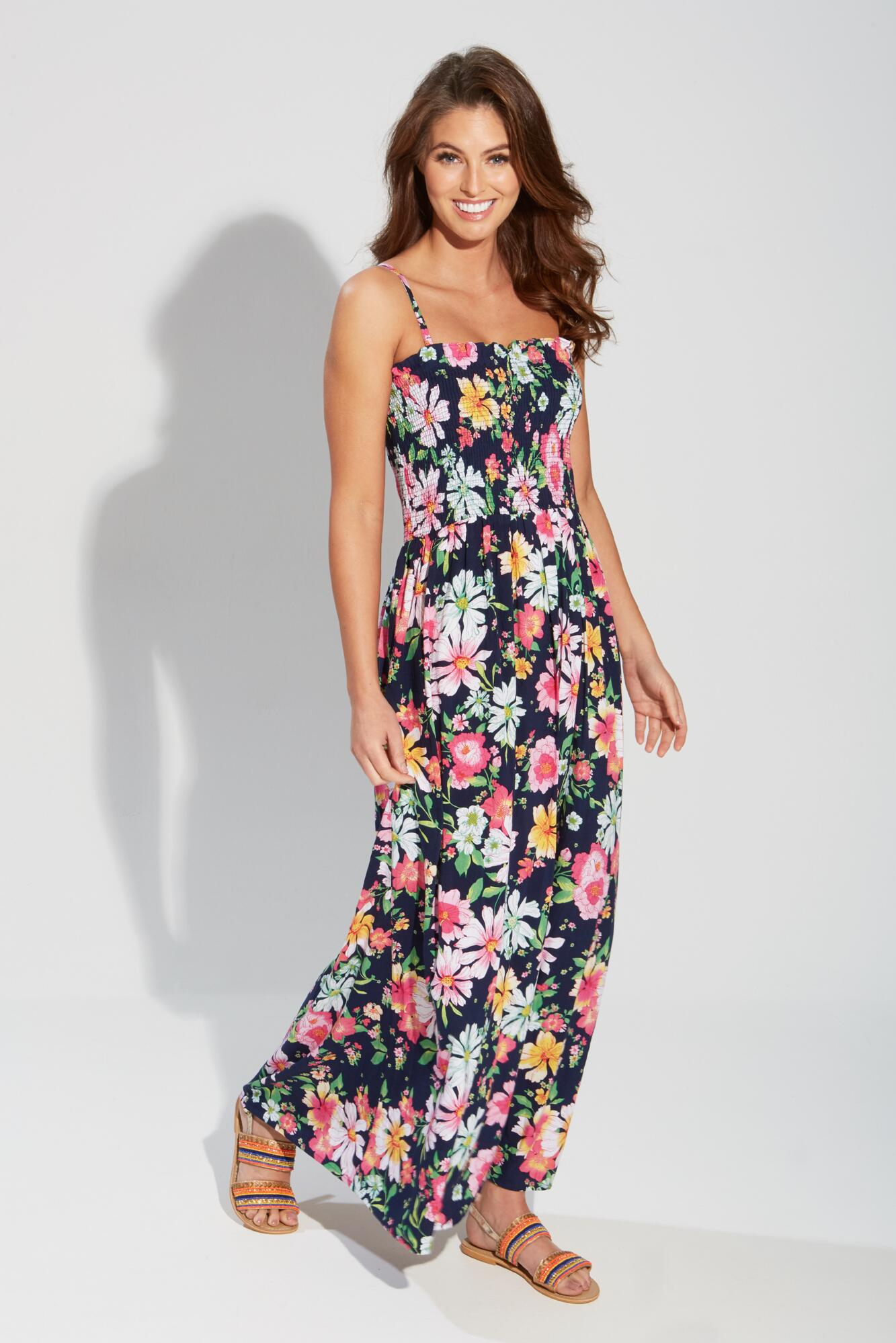 Removable Straps Shirred Bodice Maxi Dress, Navy Meadow