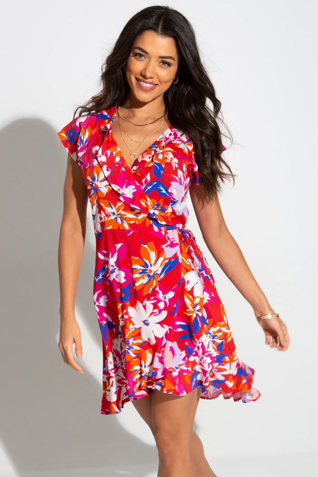 Woven Frill Wrap Beach Dress | Red Tropical | Pour Moi Clothing
