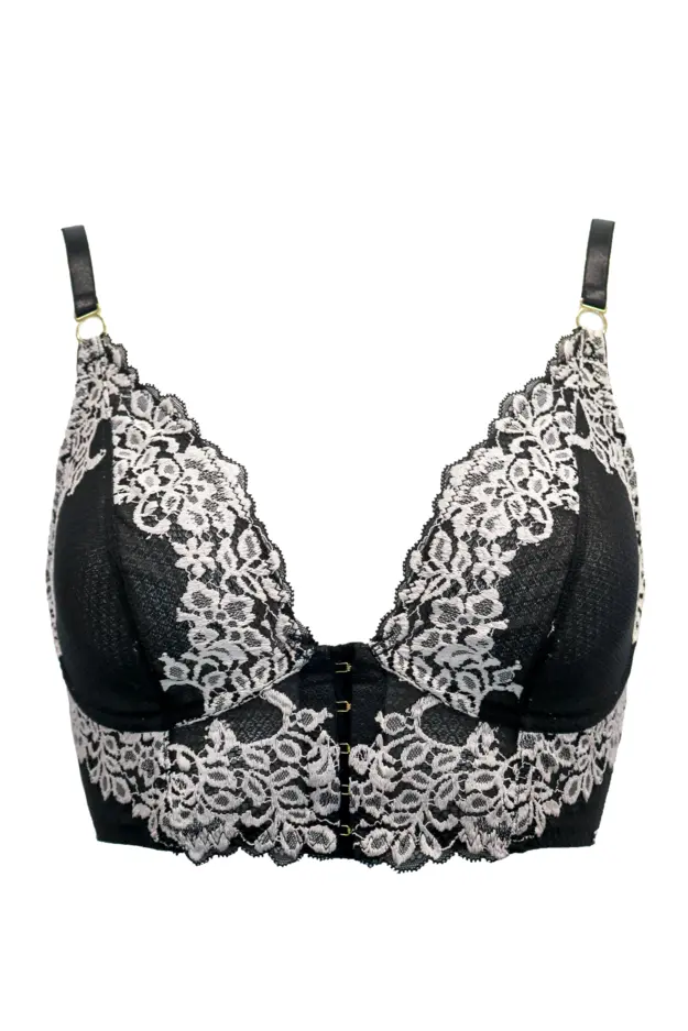 India Two-Tone Bold Lace Front Fastening Bralette, Black/Ivory
