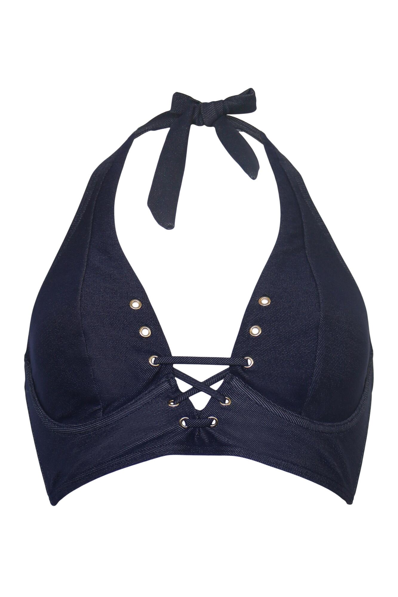 Adelaide Denim Underwired Lace Up Longline Top Blue Pour Moi Clothing