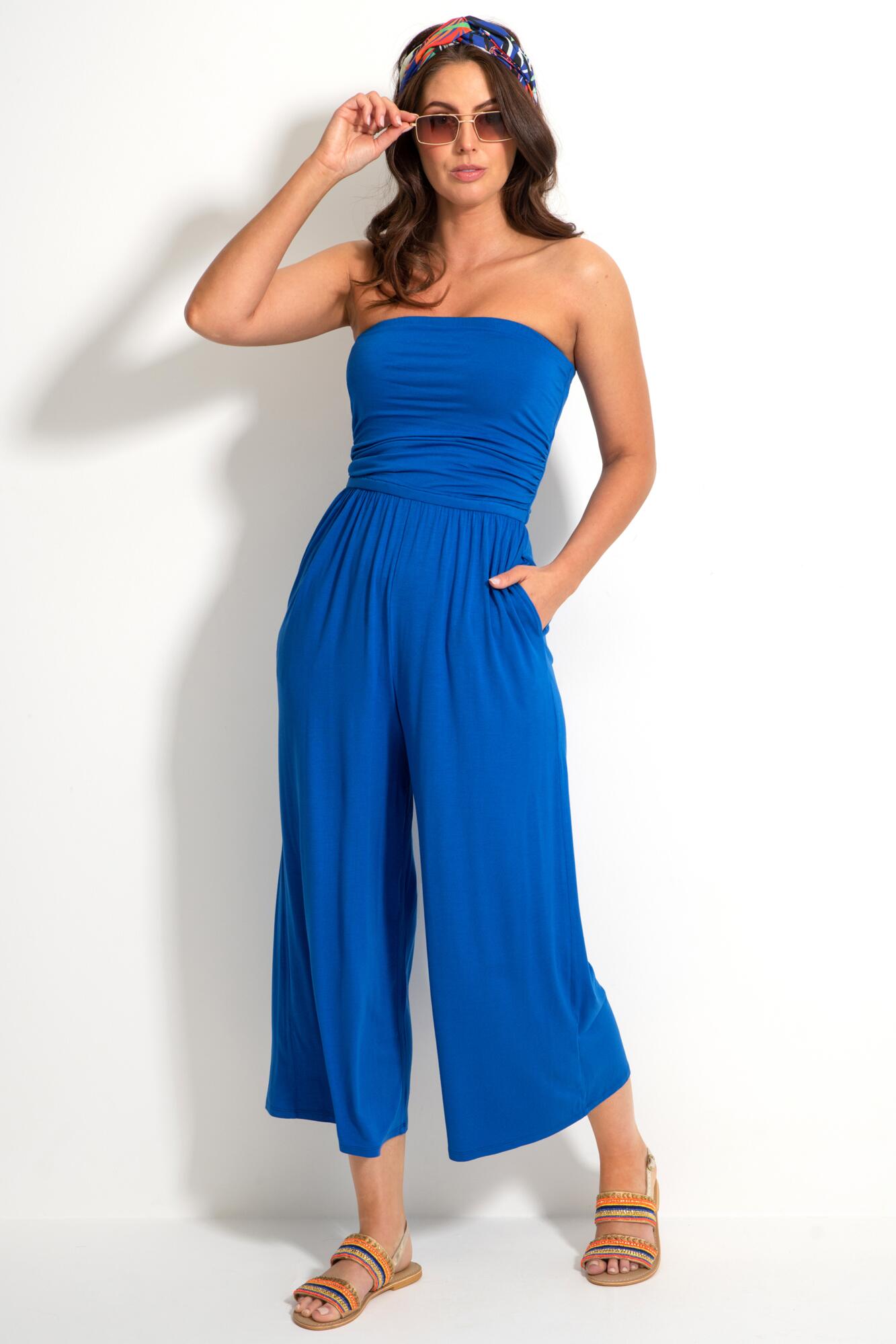 Jersey Strapless Cropped Leg Beach Jumpsuit in Cobalt Pour Moi Clothing