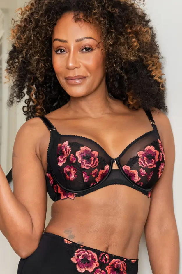 Soiree Embroidery Side Support Bra, Black/Pink