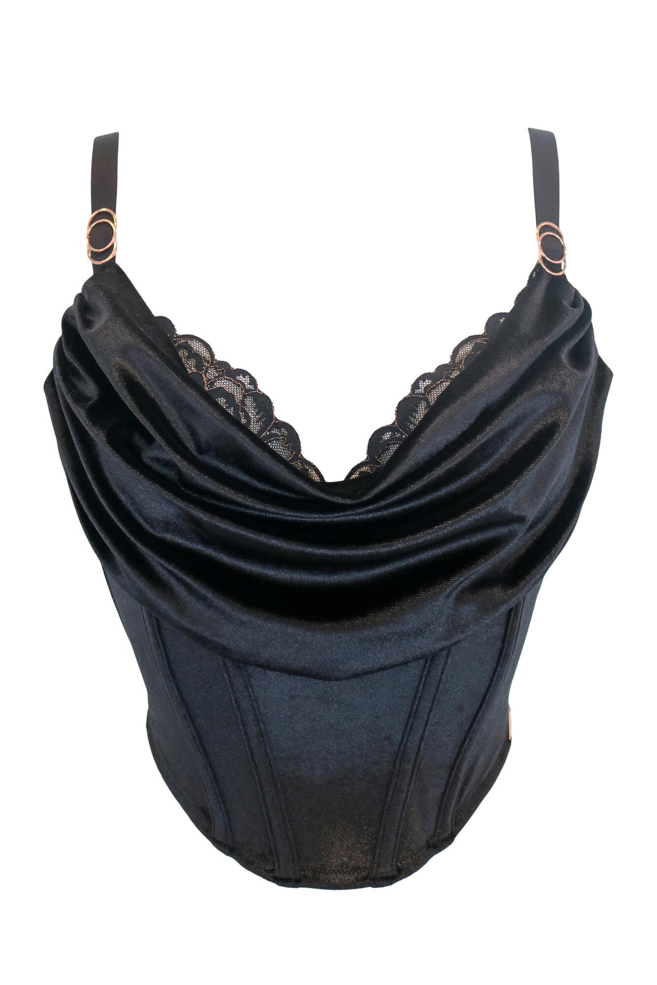 India Velvet Luxe Metallic Lace Cowl Neck Bustier in Black | Pour Moi ...