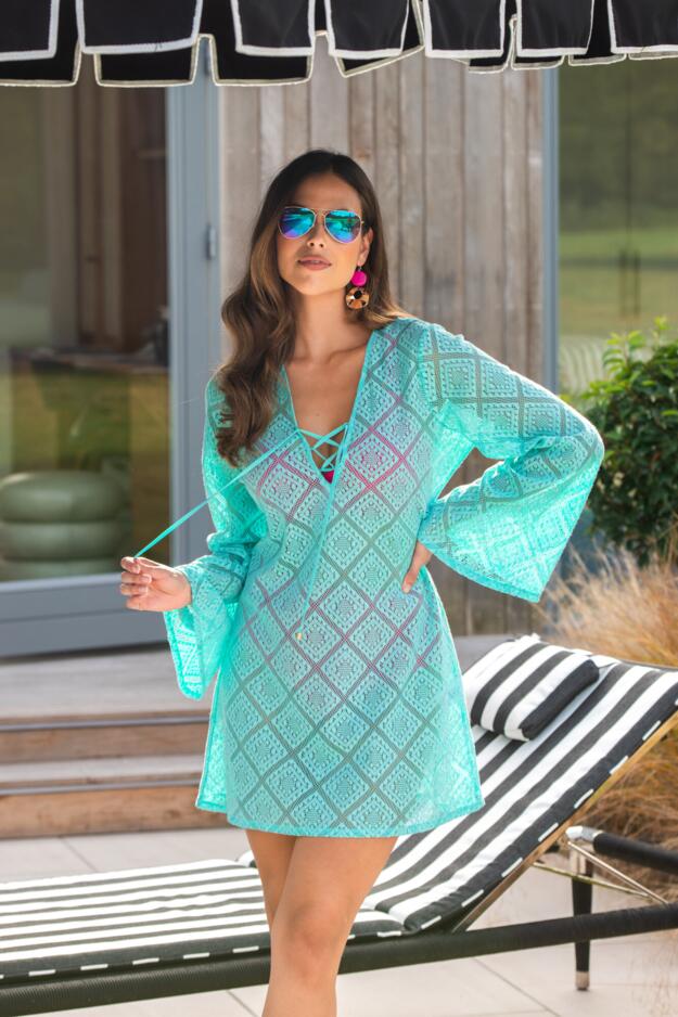 Free Spirit Crochet Lace Long Sleeve Beach Cover Up
