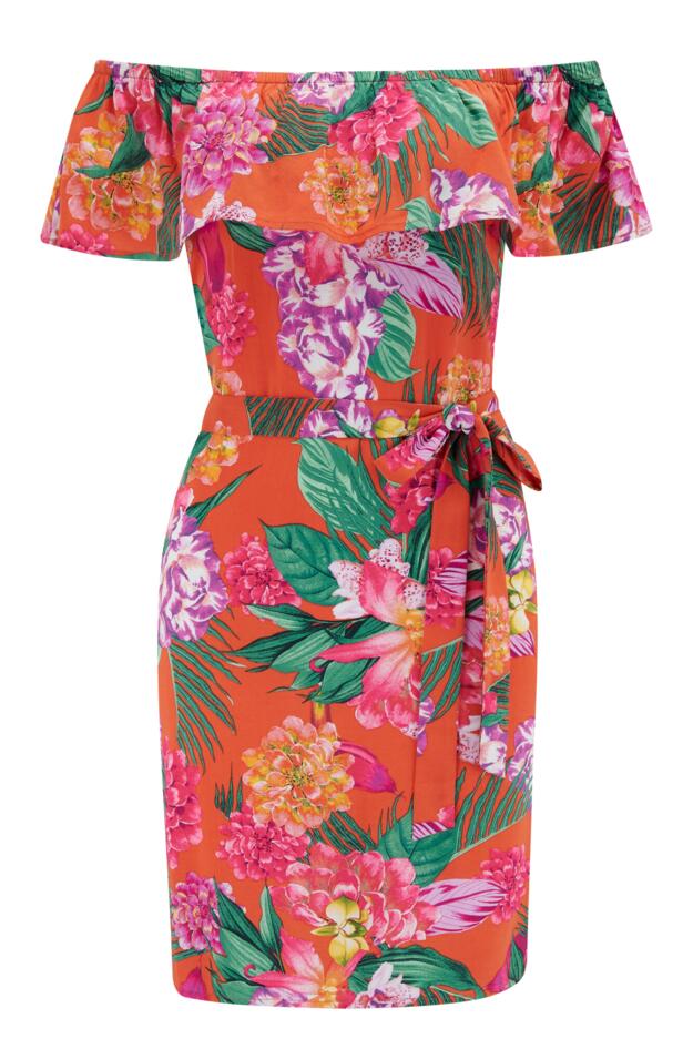 LENZING™ ECOVERO™ Viscose Frill Belted Bardot Dress