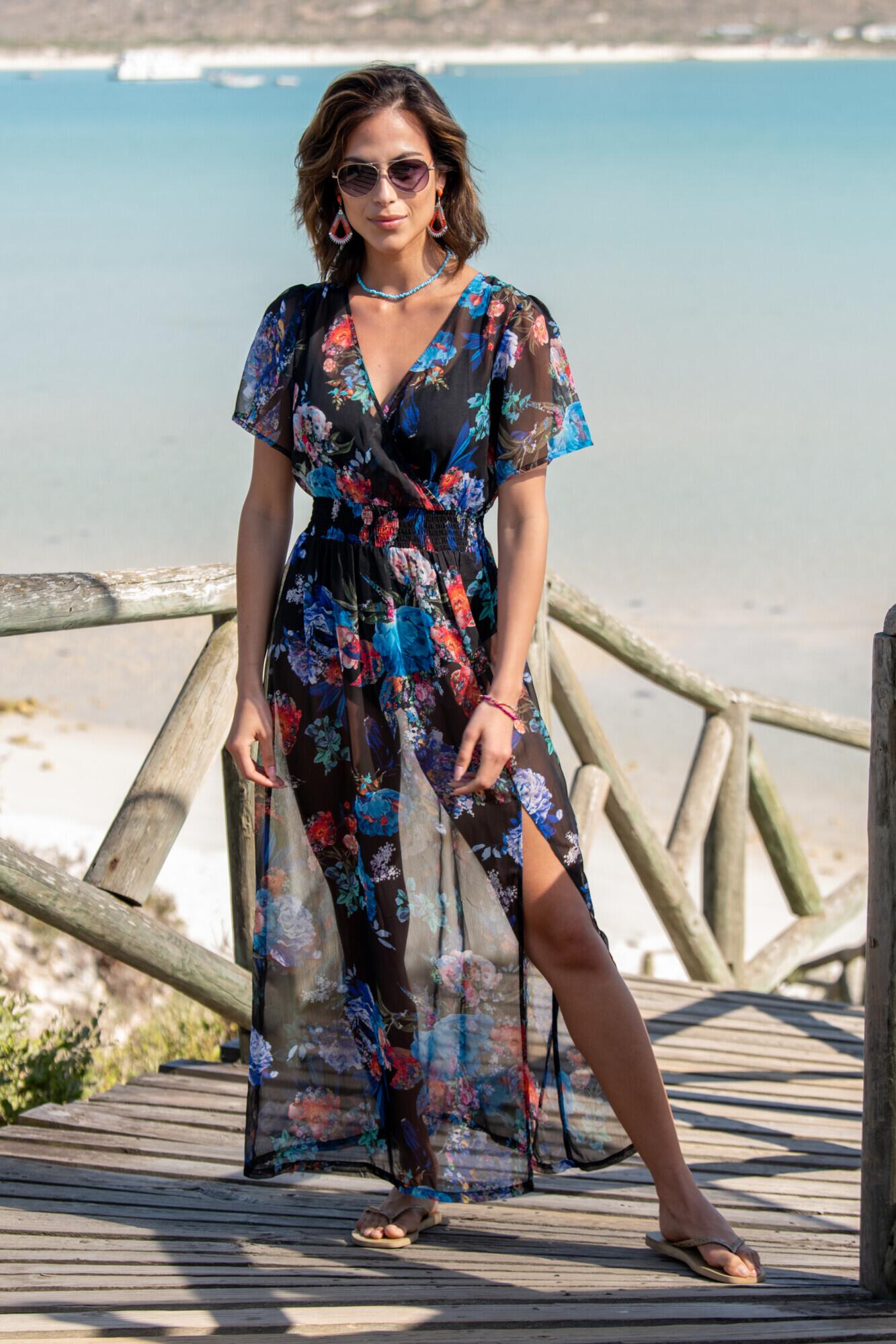 pour moi Short Sleeve Chiffon Wrap Maxi Kaftan - Black Floral | Underwear