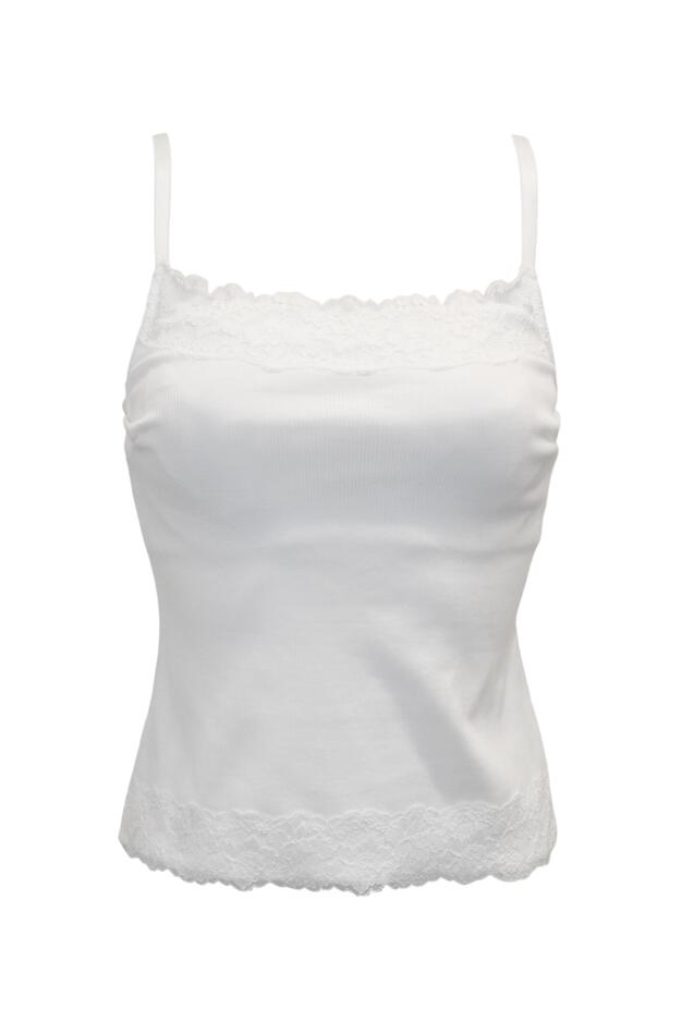 Ribbed Cotton Lace Trim Hidden Bra Cami Top