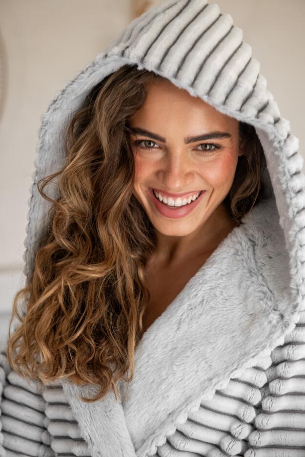 Cosy Ribbed Fleece Midi Hooded Dressing Gown  