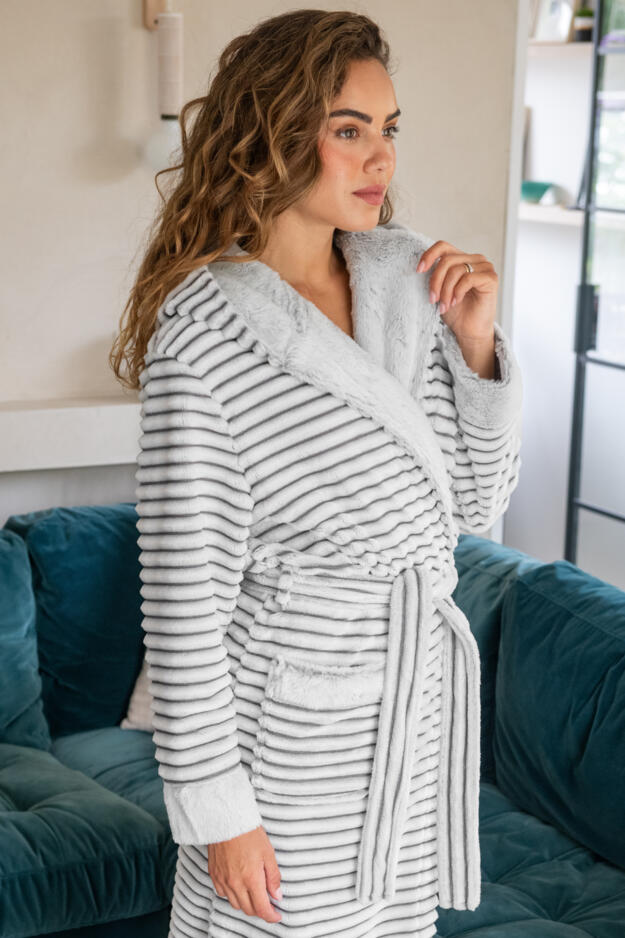 Cosy Ribbed Fleece Midi Hooded Dressing Gown  