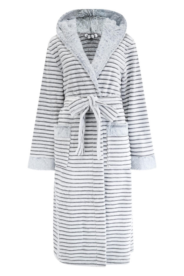 Cosy Ribbed Fleece Midi Hooded Dressing Gown  