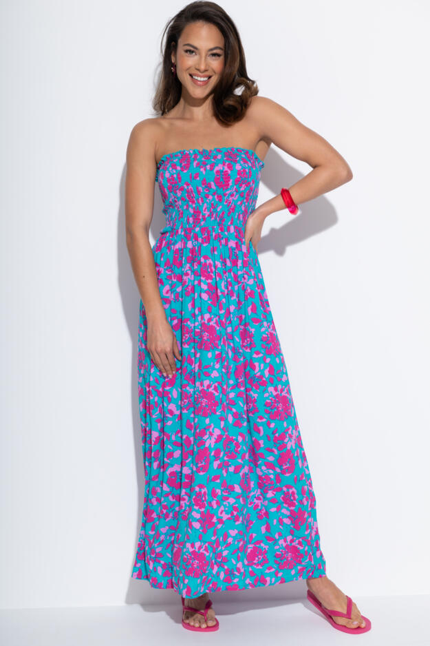 Strapless Shirred Bodice Maxi Beach Dress