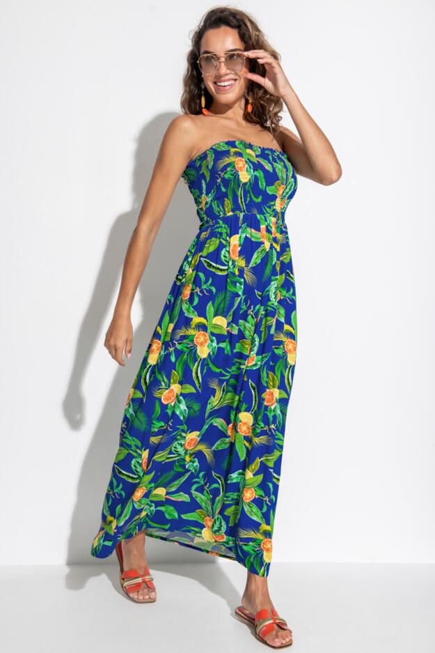 Strapless Shirred Bodice Maxi Beach Dress