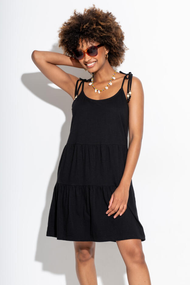 Tie Shoulder Tiered Cotton Slub Jersey Short Dress