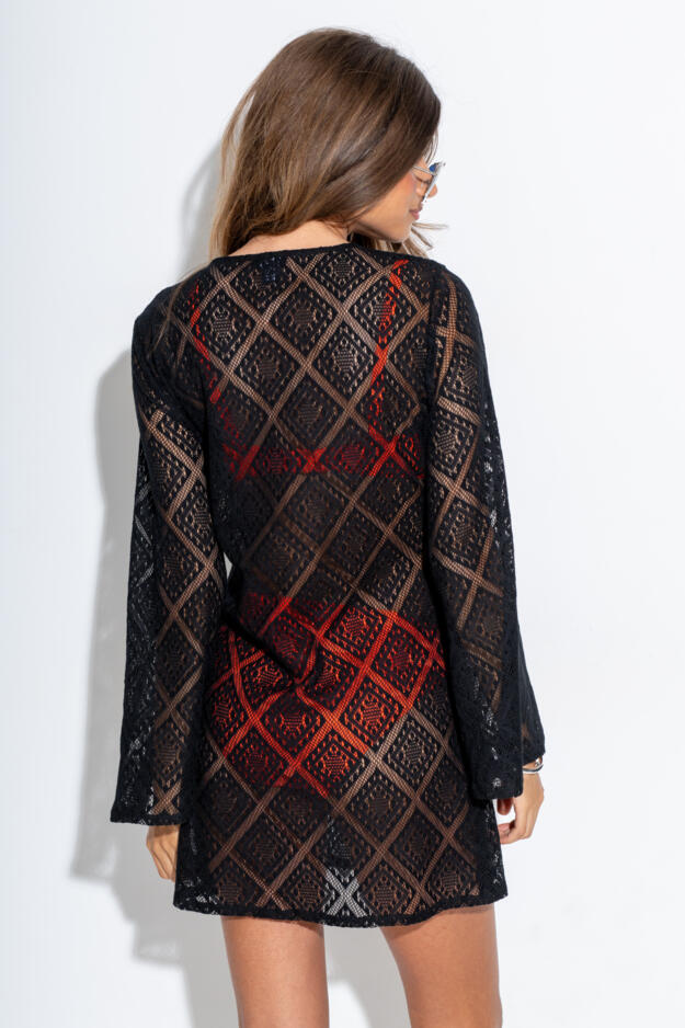 Free Spirit Crochet Lace Long Sleeve Beach Cover Up