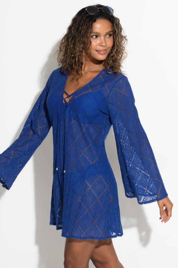Free Spirit Crochet Lace Long Sleeve Beach Cover Up
