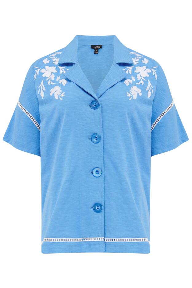 Cotton Jersey Embroidered Revere Collar Shirt and Short Set