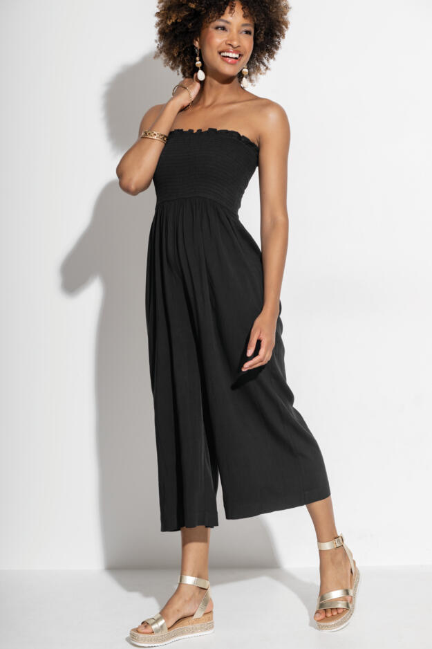 Strapless Shirred Bodice Crop Leg Beach Jumpsuit