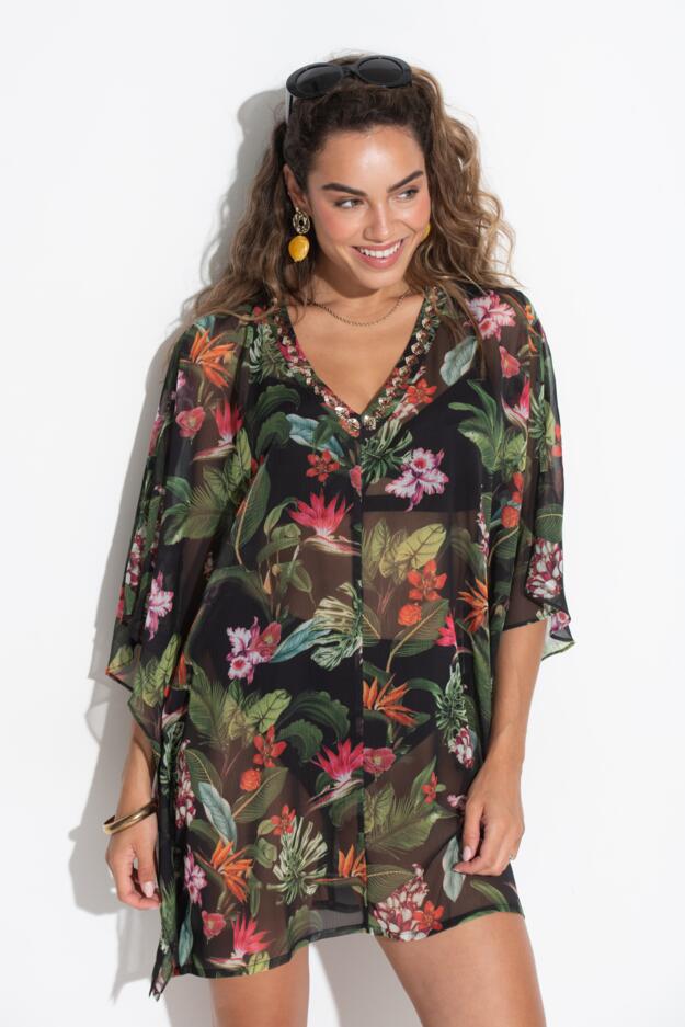 Chiffon V-Neck Embellished Kaftan 