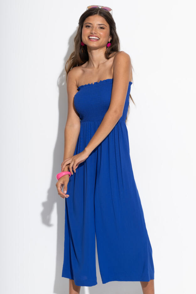 Strapless Shirred Bodice Crop Leg Beach Jumpsuit