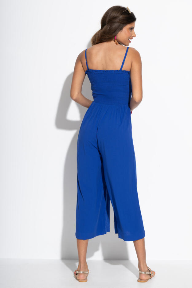 Strapless Shirred Bodice Crop Leg Beach Jumpsuit