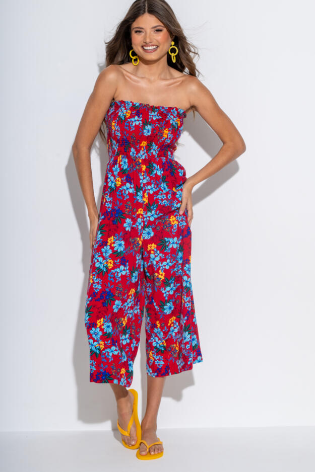 Strapless Shirred Bodice Crop Leg Beach Jumpsuit