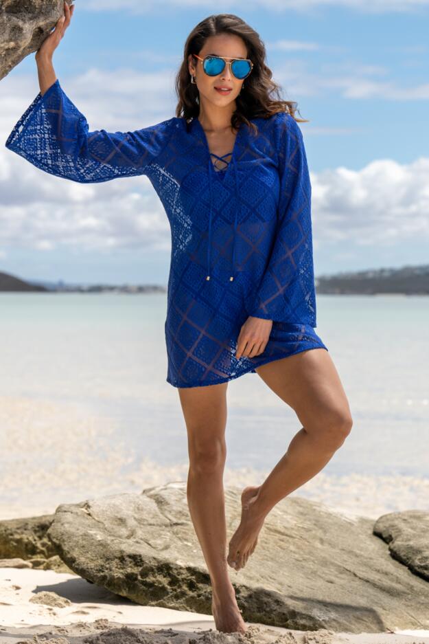 Free Spirit Crochet Lace Long Sleeve Beach Cover Up