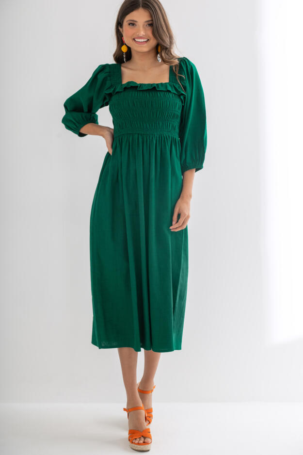 Textured Woven Frill Detail Midi Dress 