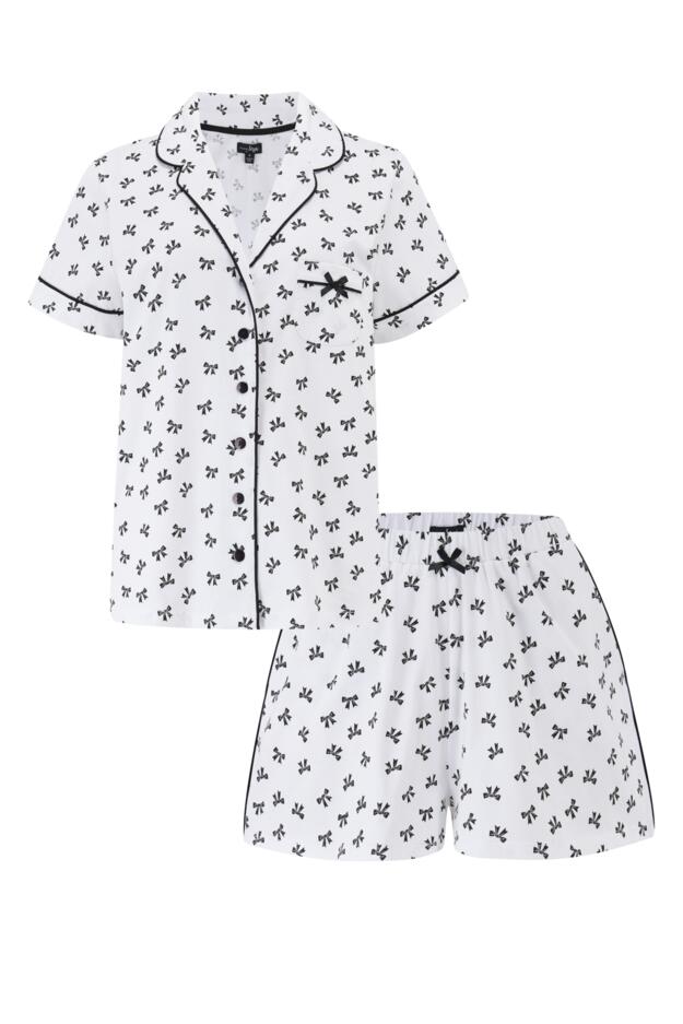 Cotton Jersey Bow Print Revere Collar Short Pyjama Set 