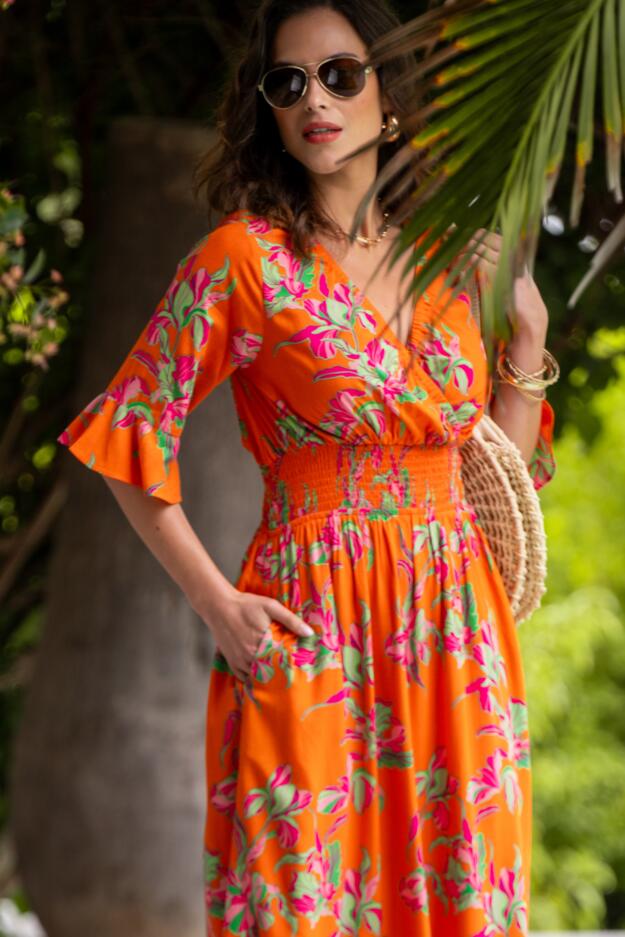 Carmen Fuller Bust Elasticated Neckline Woven Midaxi Dress