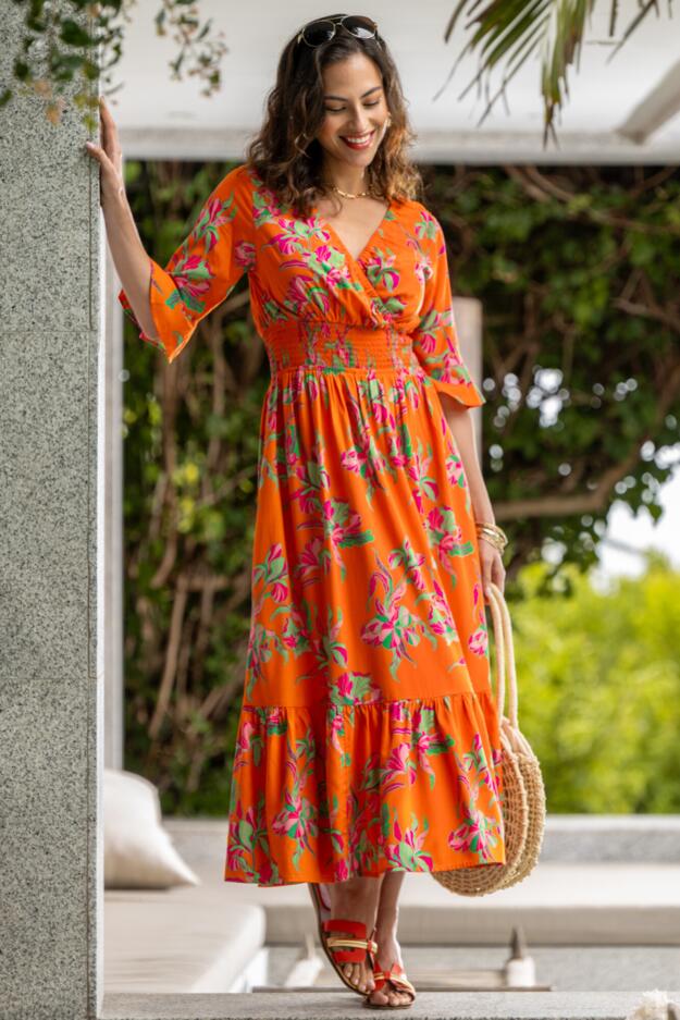 Carmen Fuller Bust Elasticated Neckline Woven Midaxi Dress