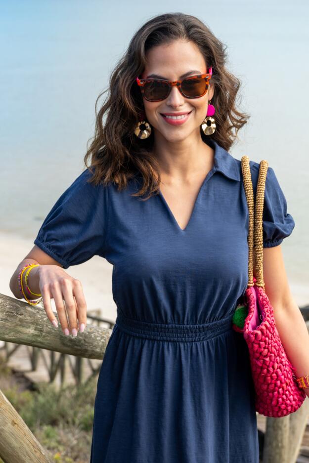 Cotton Slub Jersey Puff Sleeve Shirt Dress