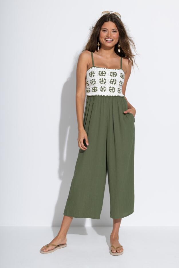 Crochet Bodice Cropped Leg Jumpsuit